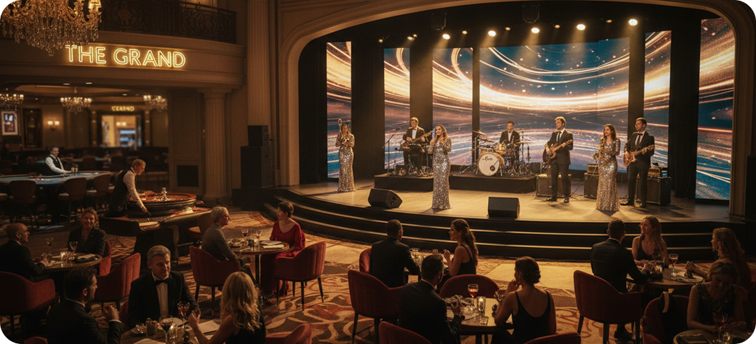 Elegant casino showroom with professional live sound equipment and stage lighting