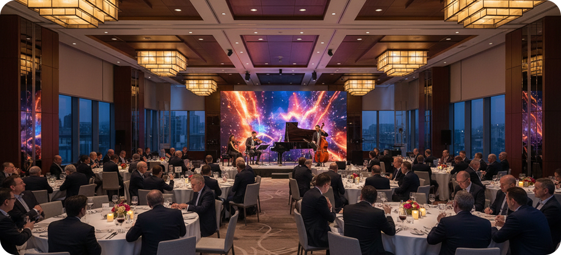 Elegant casino showroom with professional live sound equipment and stage lighting